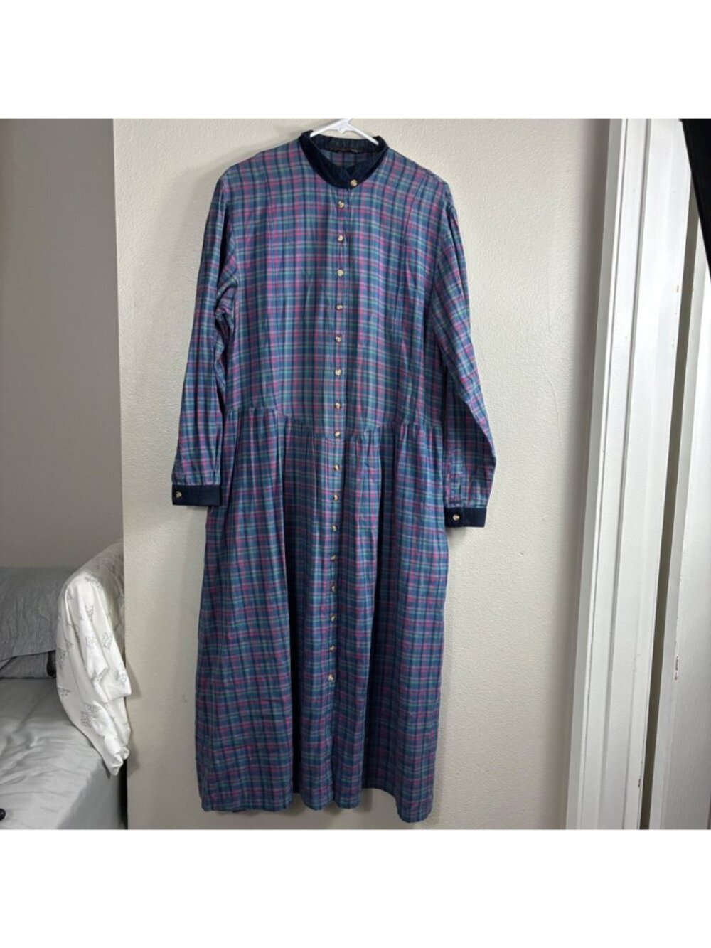 VTG 90s Eddie Bauer Flannel Dress L Blue Plaid Maxi Prairie Corduroy Grunge - Picture 2 of 10